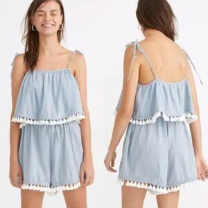 NWT Madewell Tassel Cover-Up Romper Dusty Pool Blue Sz XS Girly Feminine Beach
